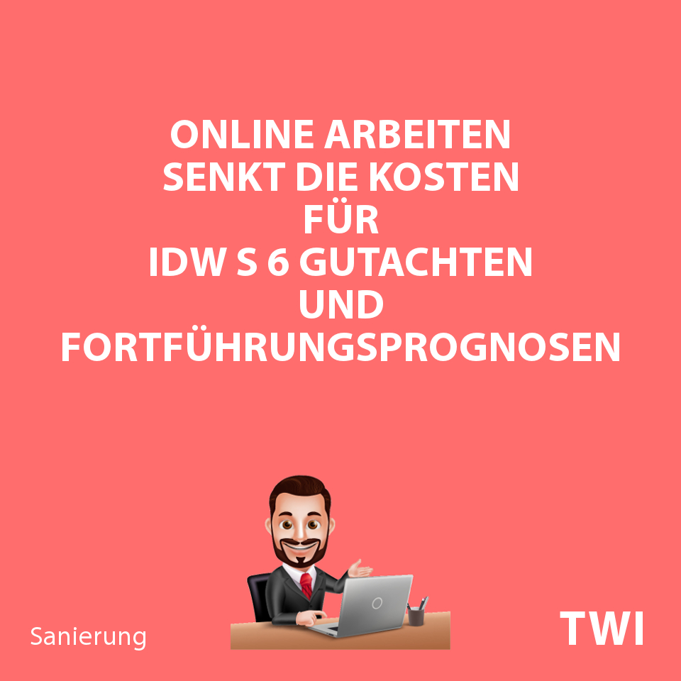 Textbild: "Online Arbeiten senkt die Kosten für IDW S 6 Gutachten und Fortführungsprognosen"