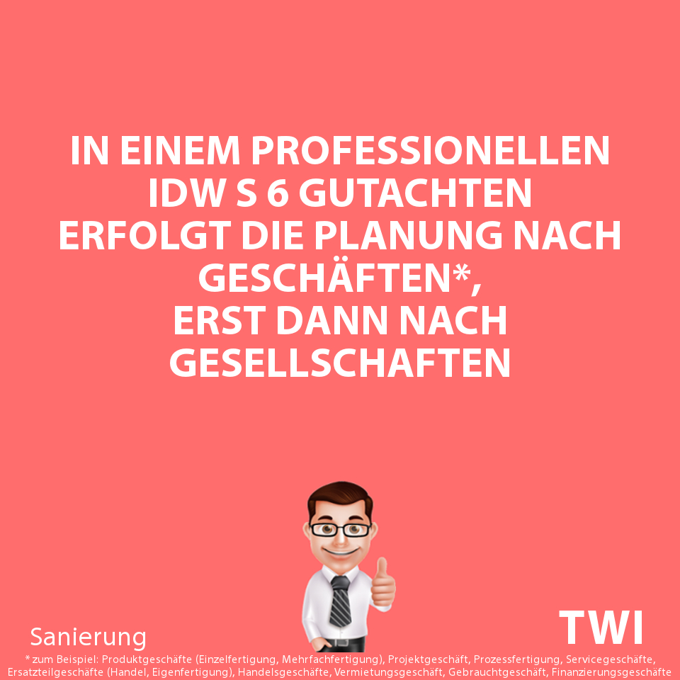 Textbild zu Aufwand und Kosten einer Planung: "In einem professionellen IDW S 6 Gutachten erfolgt die Planung nach Geschäften*, erst dann nach Gesellschaften" Fußnote: *zum Beispiel: Produktgeschäfte (Einzelfertigung, Mehrfachfertigung), Projektgeschäft, Prozessfertigung, Servicegeschäfte, Ersatzteilgeschäfte (Handel, Eigenfertigung), Handelsgeschäfte, Vermietungsgeschäft, Gebrauchtgeschäft, Finanzierungsgeschäfte"