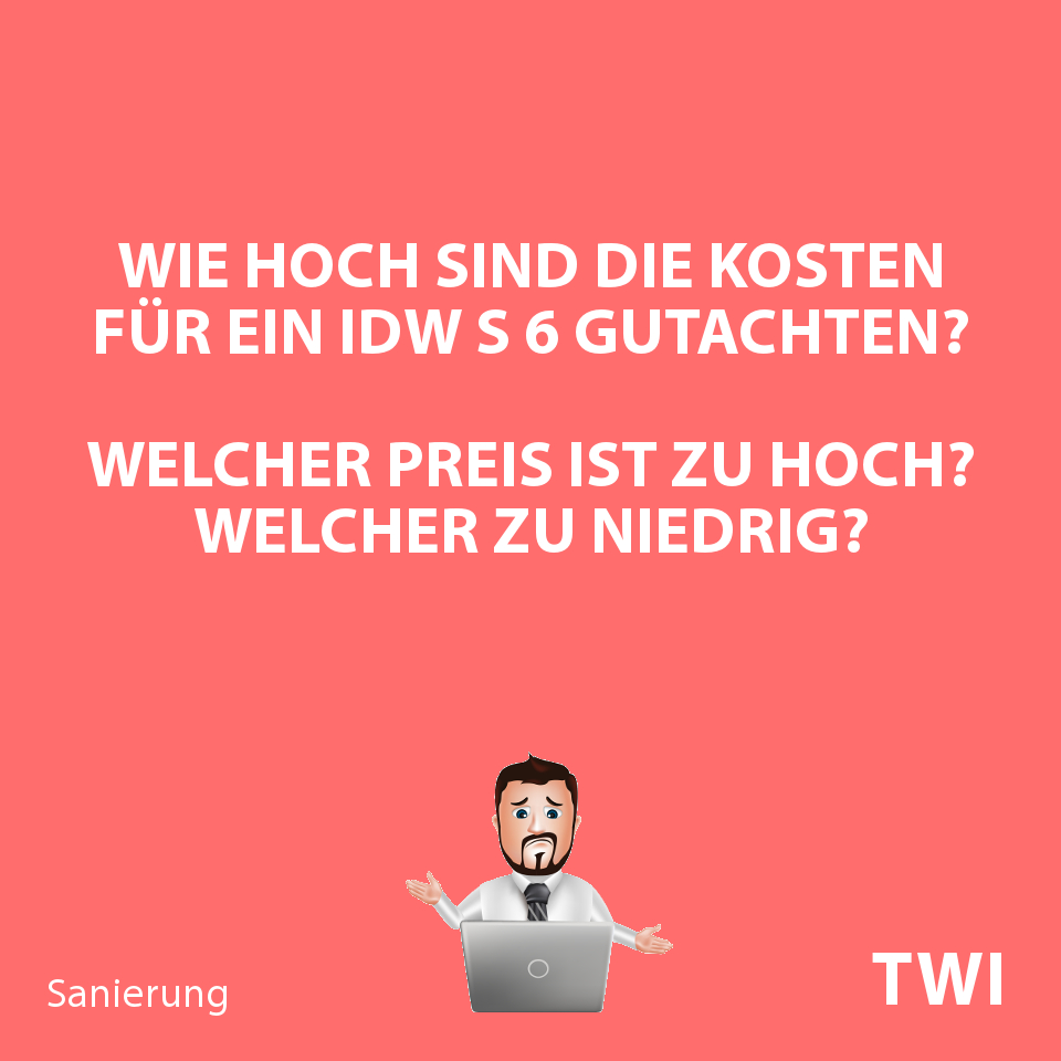 Textbild mit folgenden Fragen: "Wie hoch sind die Kosten für ein IDW S 6 Gutachten? Welcher Preis ist zu hoch? Welcher zu niedrig?"