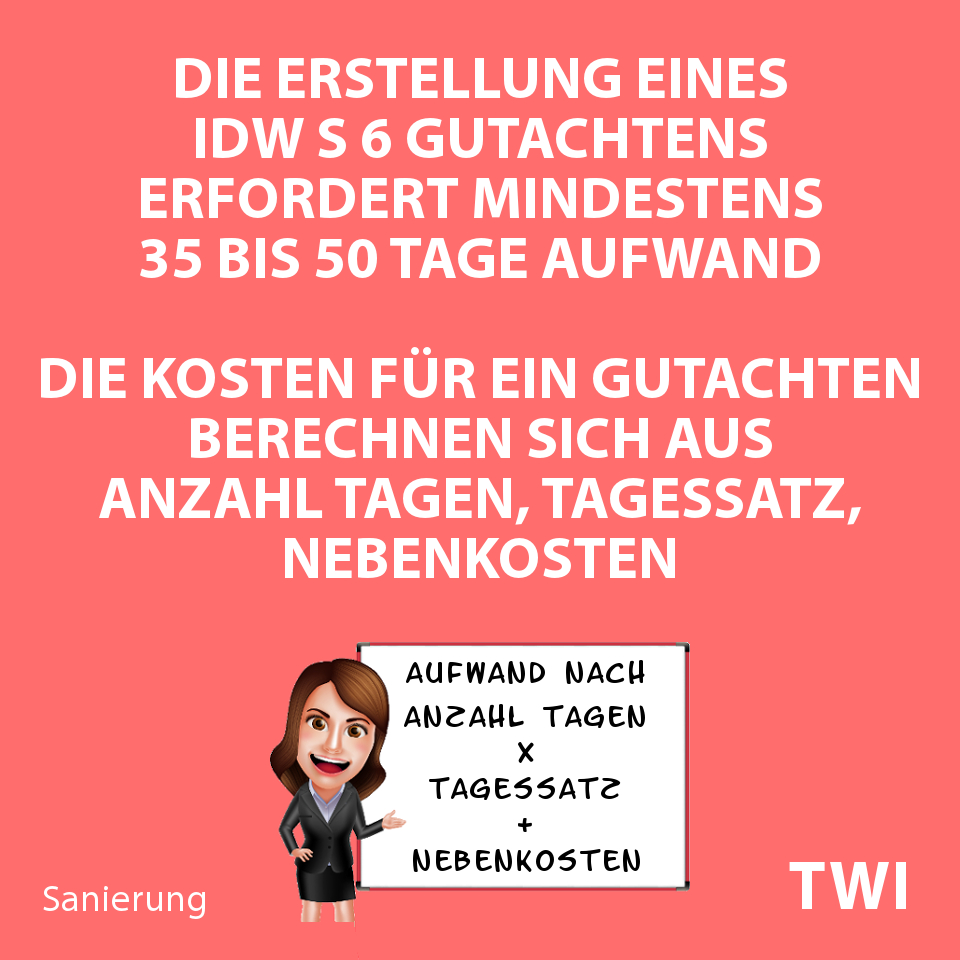 Textbild mit folgender Aussage: "Die Erstellung eines IDW S 6 Gutachtens erfordert mindestens 35 bis 50 Tage Aufwand. Die Kosten für ein Gutachten berechnen sich aus Anzahl Tage, Tagessatz, Nebenkosten."