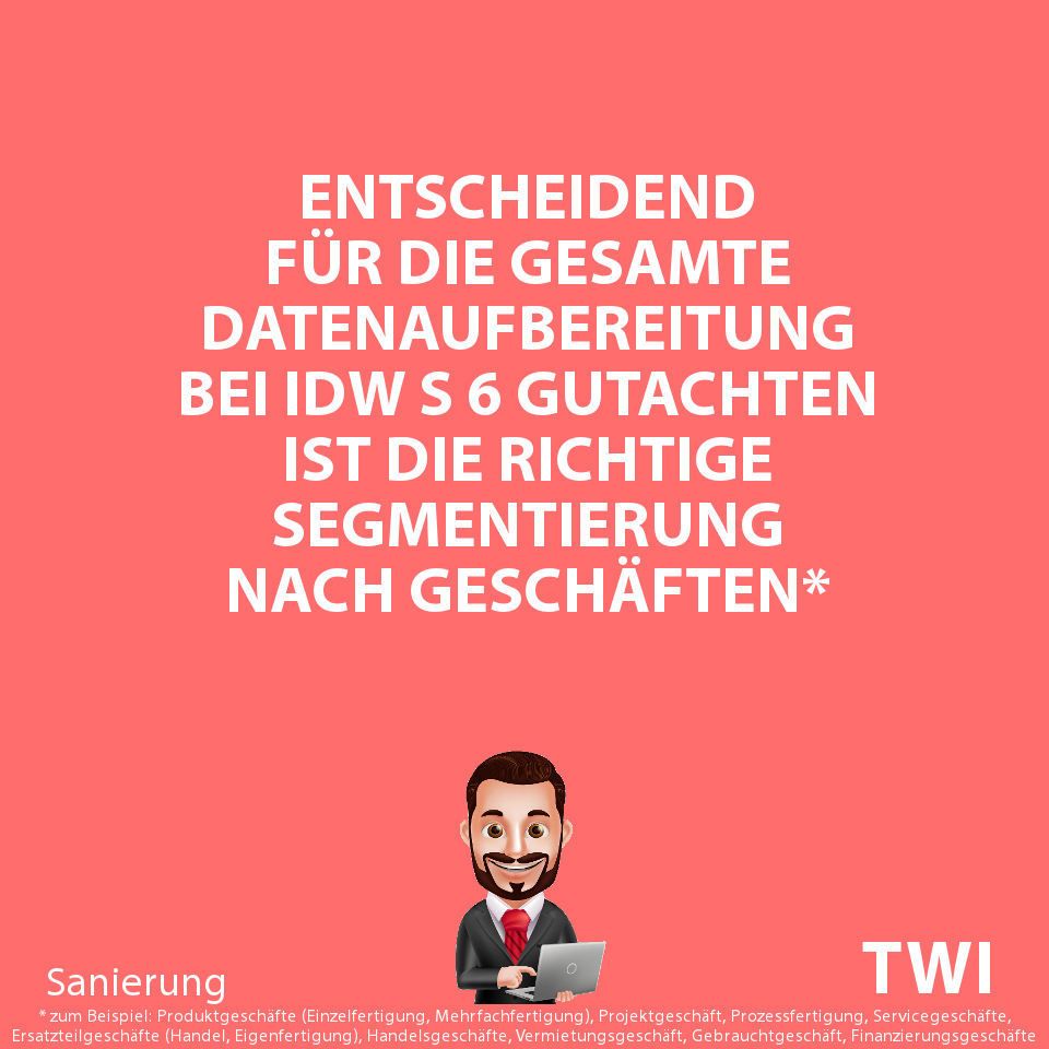 Textbild mit folgender Aussage, die als Muster für die Datenauswertung des Geschäftsmodells eines Unternehmens in jedem IDW S6 Gutachten gilt: "Entscheidend für die gesamte Datenaufbereitung ist die richtige Segmentierung nach Geschäften*" Fußnote: *zum Beispiel: Produktgeschäfte (Einzelfertigung, Mehrfachfertigung), Projektgeschäft, Prozessfertigung, Servicegeschäfte, Ersatzteilgeschäfte (Handel, Eigenfertigung), Handelsgeschäfte, Vermietungsgeschäft, Gebrauchtgeschäft, Finanzierungsgeschäfte.