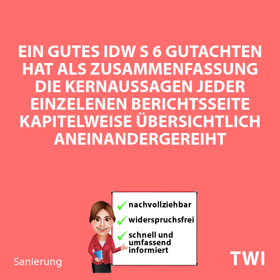 Textbild. Ein gutes IDW S 6 Gutachten hat als Zusammenfassung die Kernaussagen jeder einzelnen Berichtsseite kapitelweise übersichtlich aneinandergereiht