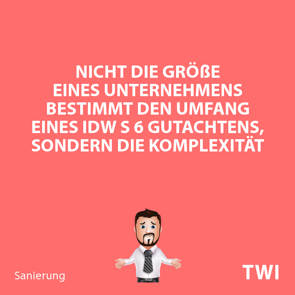 Textbild mit Aussage für kleine Unternehmen. Nicht die Größe eines Unternehmens bestimmt den Umfang für ein IDW S 6 Gutachten, sondern die Komplexität