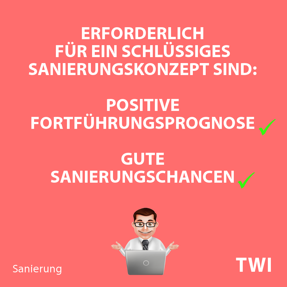 Textbild: "Erforderlich für ein schlüssiges Sanierungskonzept sind: positive Fortführungsprognose, gute Sanierungschancen"