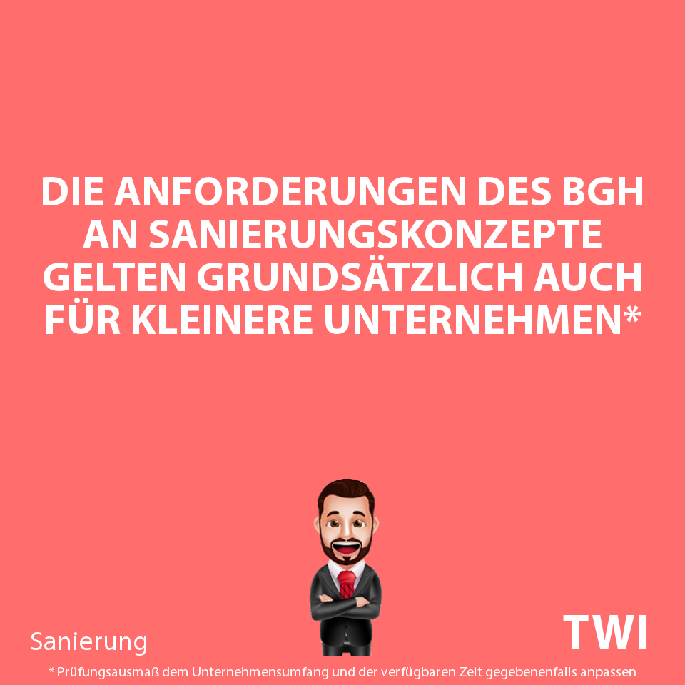 Textbild: "Die Anforderungen des BGH an ein Sanierungskonzepet gelten grundsätlich auch für kleinere Unternehmen*" und Fußnote "*Prüfungsausmaß dem Unternehmensumfang und der verfügbaren Zeit gegebenenfalls anpassen"