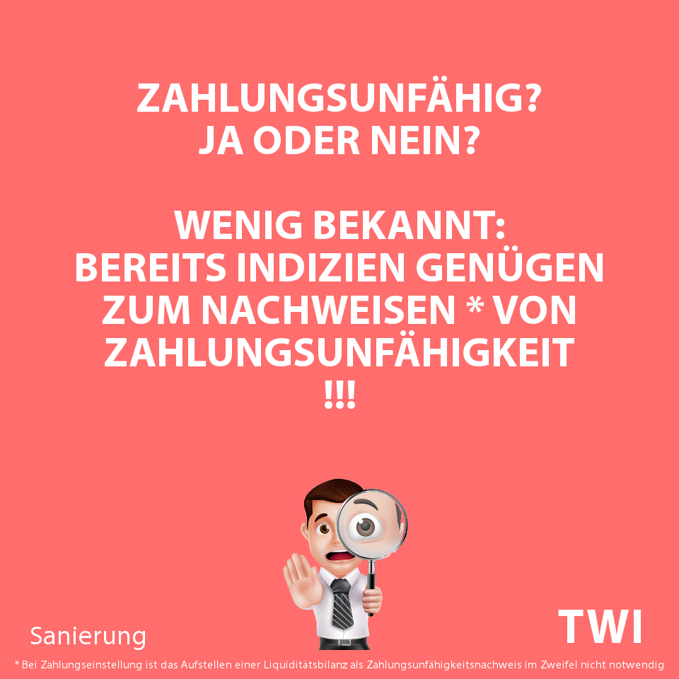 Textbild. Zahlungsfähig? Ja oder nein? Wenig bekannt: Bereits Indizien genügen zum Nachweisen * von Zahlungsunfähigkeit!!!" mit Fußnote "* Bei Zahlungseinstellung ist das Aufstellen einer Liquiditätsbilanz als Zahlungsunfähigkeitsnachweis im Zweifel nicht notwendig.
