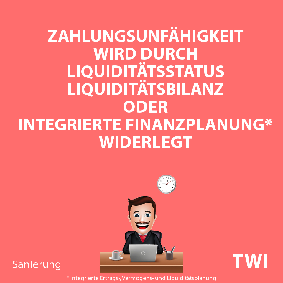 Textbild. Zahlungsunfähigkeit wird durch Liquiditätsstatus, Liquiditätsbilanz oder integrierte Finanzplanung widerlegt.
