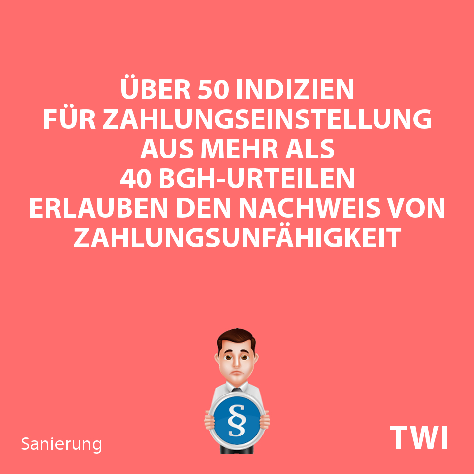 Textbild für Unternehmen. Über 50 Indizien für Zahlungseinstellung aus mehr als 40 BGH-Urteilen erlauben den Nachweis von Zahlungsunfähigkeit.