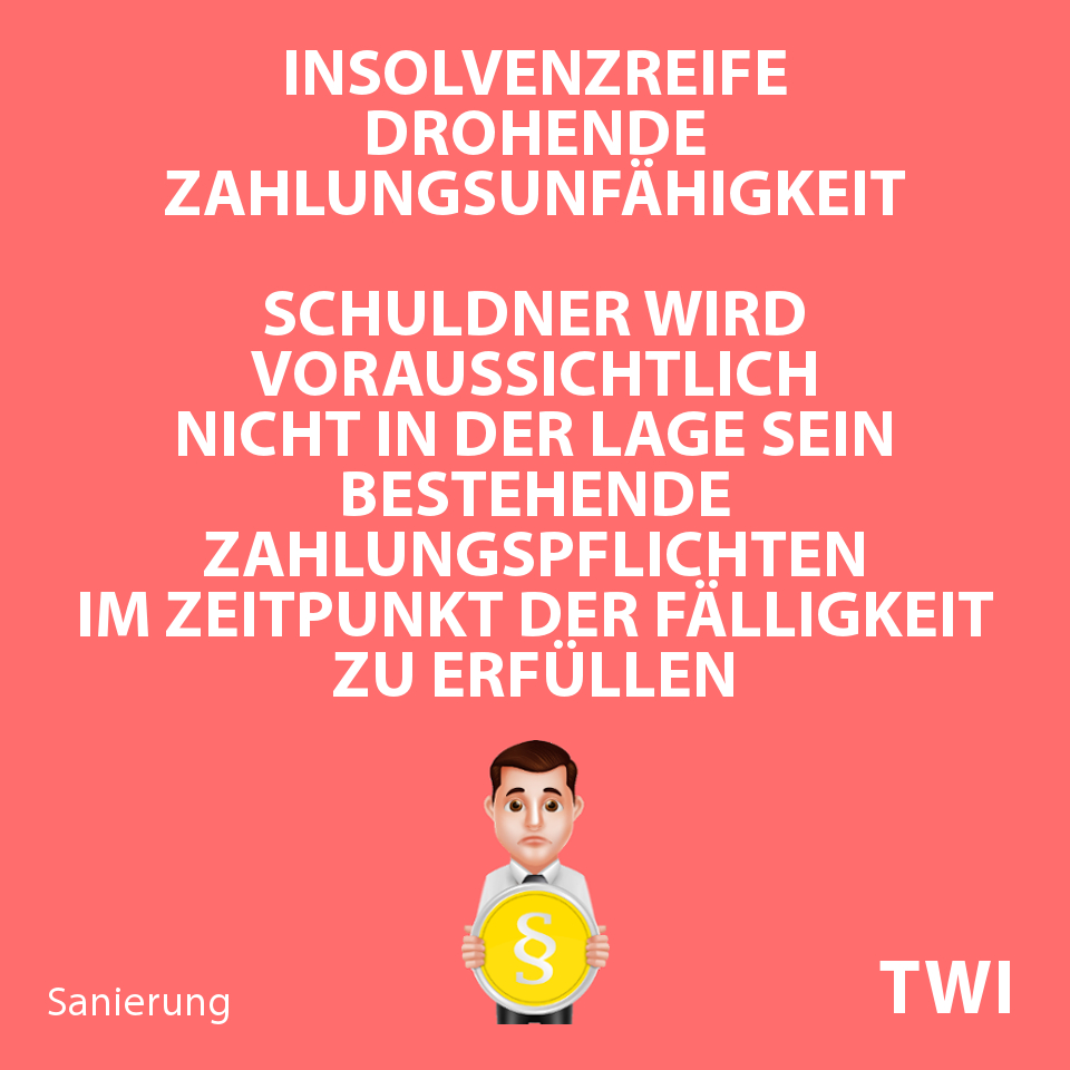 Textbild. Insolvenzreife. Drohende Zahlungsunfähigkeit. Schuldner wird voraussichtlich nicht in der Lage sein, bestehende Zahlungspflichten im Zeitpunkt der Fälligkeit zu erfüllen.
