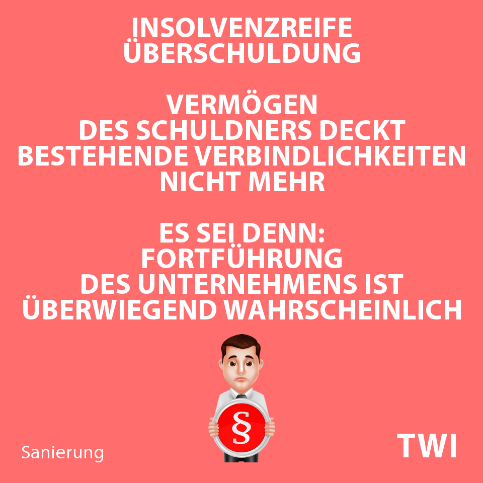 Textbild. Insolvenzreife. Überschuldung. Vermögen des Schuldners deckt bestehende Verbindlichkeiten nicht mehr. Es sei denn: Fortführung des Unternehmens ist überwiegend wahrscheinlich.