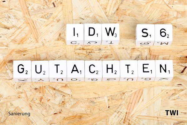 idw-s6-gutachten Text "IDW S6 Gutachten" mit Buchstabenwürfel geschrieben