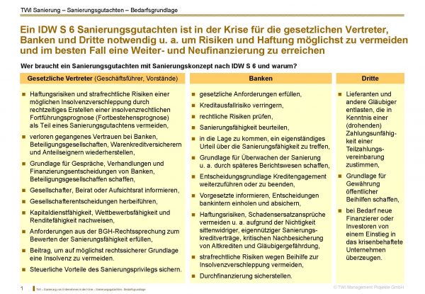 sanierungsgutachten-bank-idw-s6 Auflistung der Gründe, warum gesetzliche Vertreter (Geschäftsführer, Vorstände), Banken und gegebenfalls auch Dritte ein Sanierungsgutachten mit Sanierungskonzept nach IDW S6 brauchen.