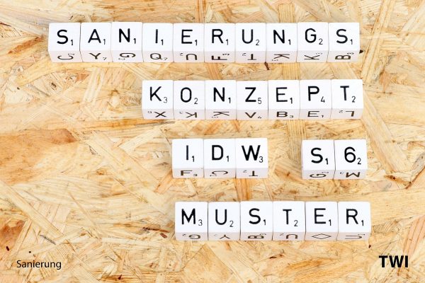 sanierungskonzept-idw-s6-muster-twi Text "Sanierungskonzept IDW S 6 Muster" mit Buchstabenwürfel geschrieben.